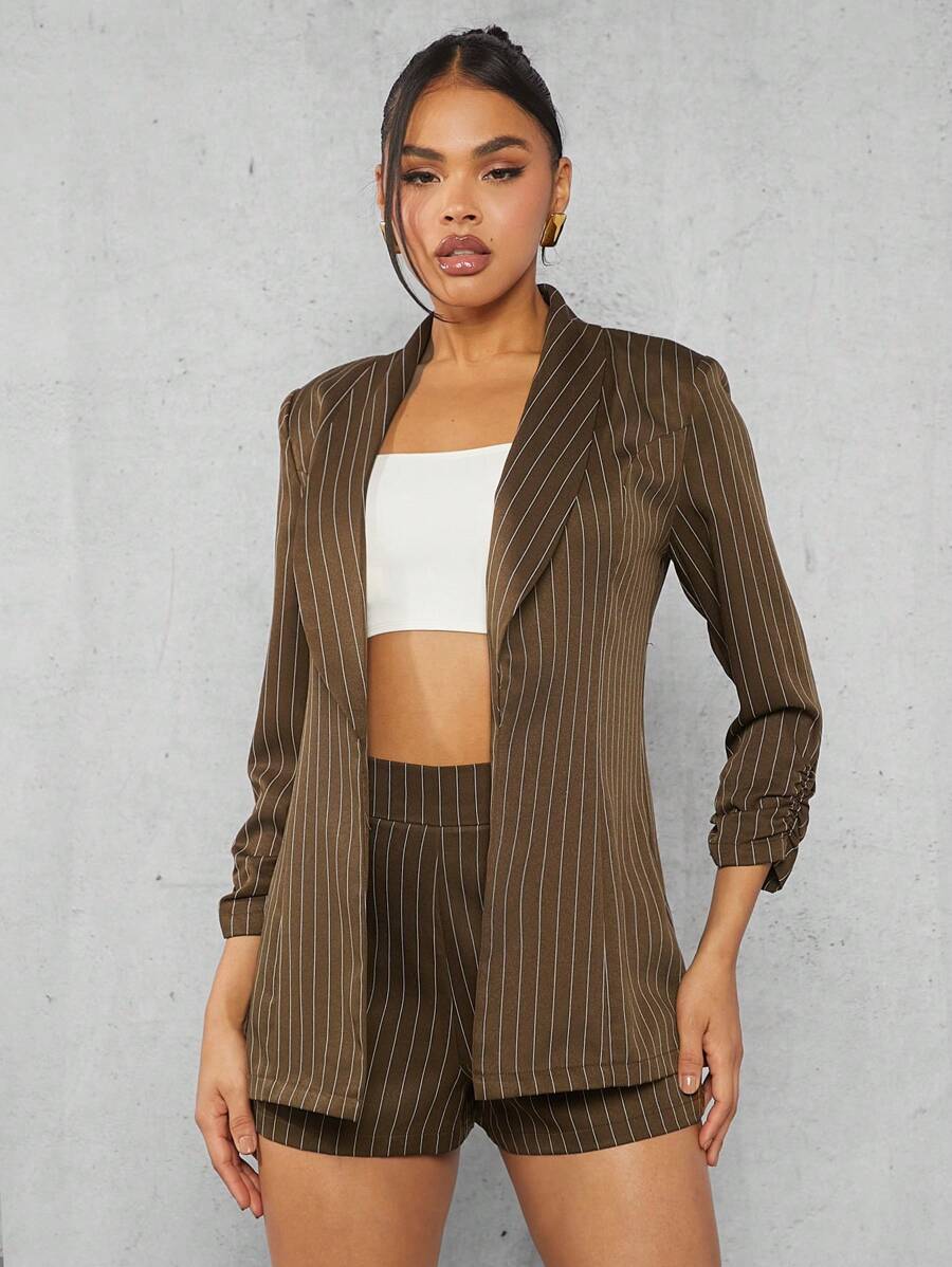 Hauture 條紋印花披肩領西裝外套和短褲 - 橄欖綠 - 查看 1