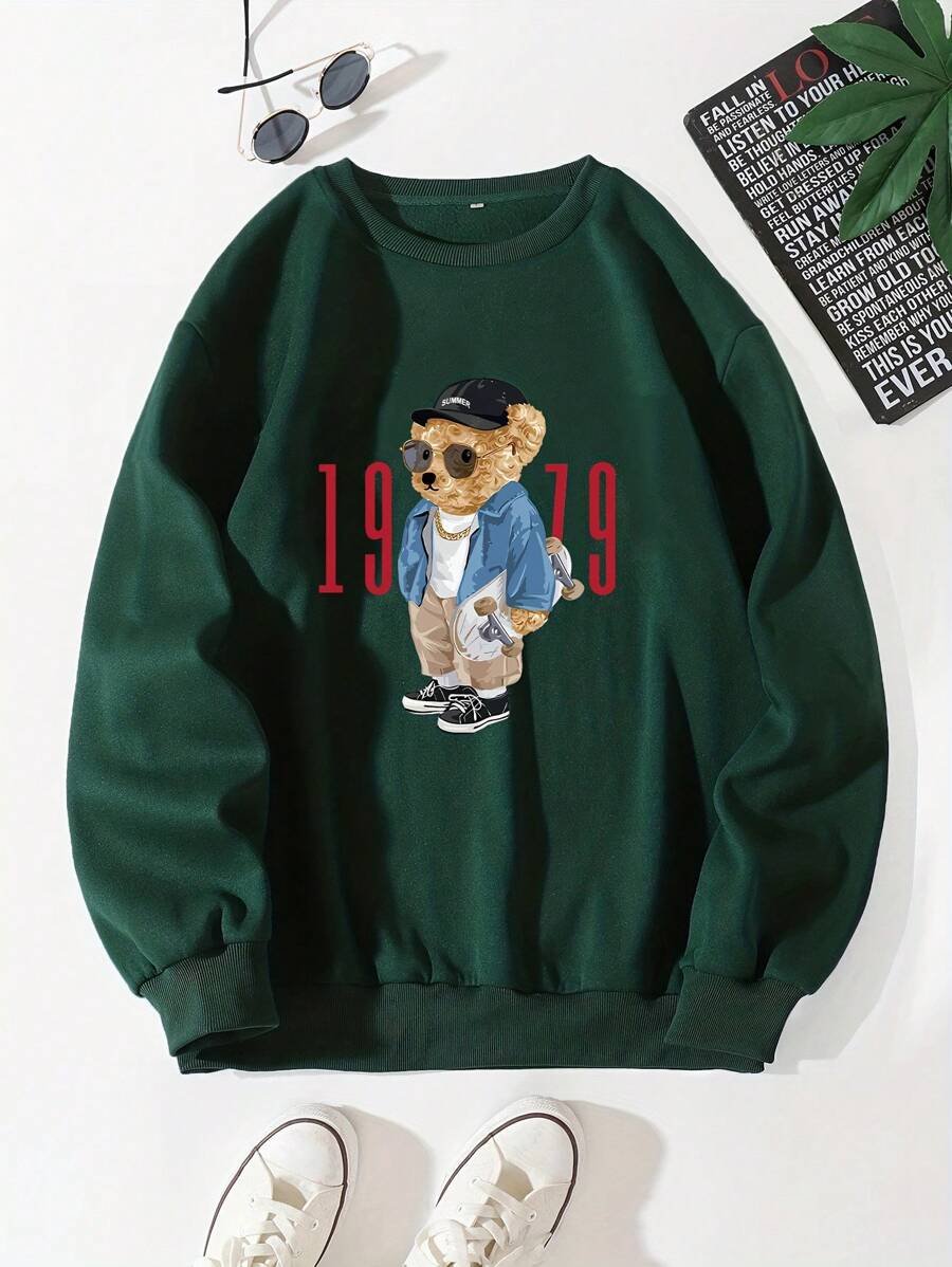 Manfinity Dauomo Nam Dễ thương Họa tiết gấu Giải trí Áo chui đầu Áo nỉ - Màu xanh lá cây đậm - Xem 1