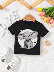 Áo thun thường ngày họa tiết chú voi dễ thương cho bé gái mùa xuân hè - màu đen - Xem 1