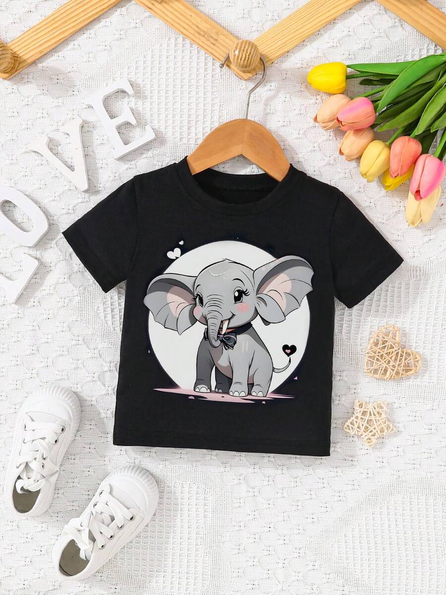 Áo thun thường ngày họa tiết chú voi dễ thương cho bé gái mùa xuân hè - màu đen - Xem 1