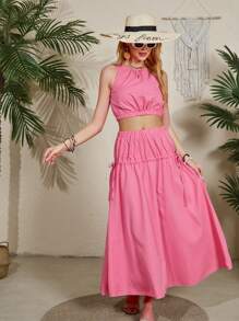 女士潮流露肩連帽上衣和高腰裙套裝，玫瑰紅色，母女裝配對款（兩件套裝分開售）