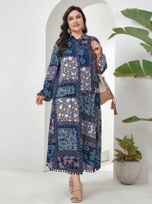 Mulvari Ensemble deux pièces Grande Taille Chemisier à manches longues imprimé patchwork avec ourlet à franges et jupe longue pour vacances et loisirs