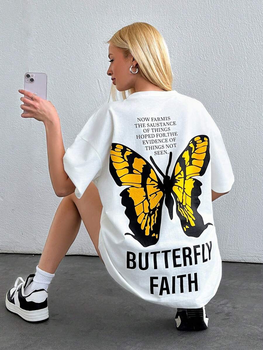 RueChic Slogan & Butterfly Print Oversize T-Shirt - Multicolor - View 1