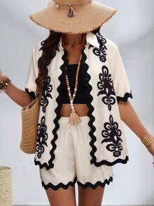 Chiquease Lapel Collar Front Button Printed Short Sleeve Shirt And Color-Block Trim Shorts Set For Summer Casual Outfit - Apricot - View 1