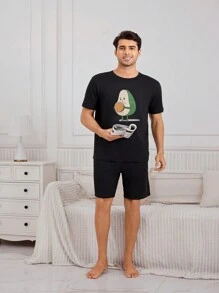 Camiseta de manga corta con impresión de aguacate caricatura para hombre, ropa de hogar para verano - Negro - Ver 3