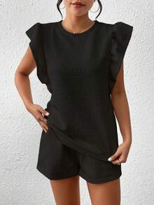 2pcs Women Summer Casual Solid Color Textured Ruffle Trim Round Neck Top And Shorts Set - Black - View 4