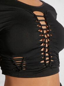 SHEIN Unity 扭纹镂空短款上衣和半身裙两件套 - 黑色 - 查看 6