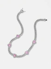 SHEIN X SAMADHI SHEIN ICON Collar con cadena de aleación en forma de corazón de estrás con circonia cúbica rosa