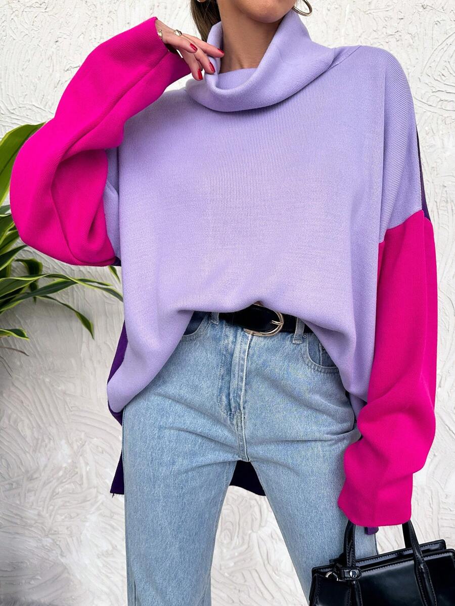 SHEIN Cottnline 女式連帽領、下垂膀位、對比度毛衣 - 紫色 - 查看 1