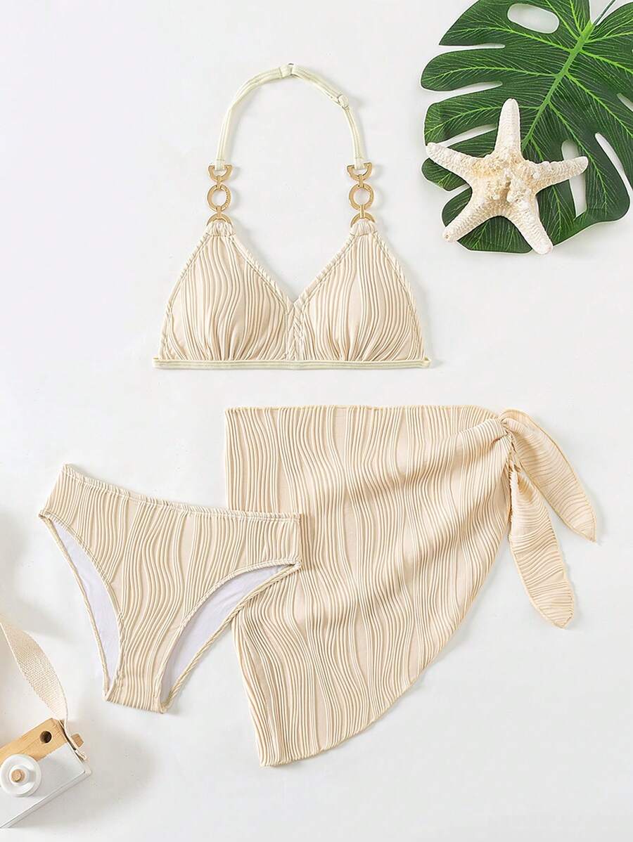 SHEIN Tween Girl Solid Color Textured Swimwear Set - Beige - View 1