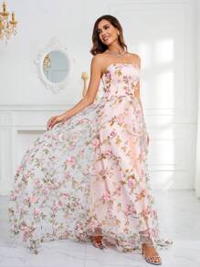 YUMIBRAVO Women 3D Flower Embroidered Strapless Trailing Formal Dress - Pink - View 7