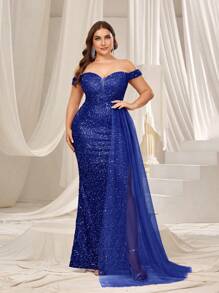 Faeriesty Elegant Curve-Hugging Plus Size Off-Shoulder Formal Evening Gown, High Slit Mermaid Tail Design, Crafted For Sophisticated Women | Perfect For Galas, Weddings, Formal Dinners, Awards Ceremonies And Charity Balls - Royal Blue - View 1
