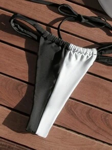 SHEIN Swim 女士彩色拼接頸掛比基尼上衣 - 黑與白 - 查看 6