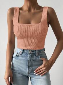 EURMUSE Solid Cable Knit Top - Coral Orange - View 4