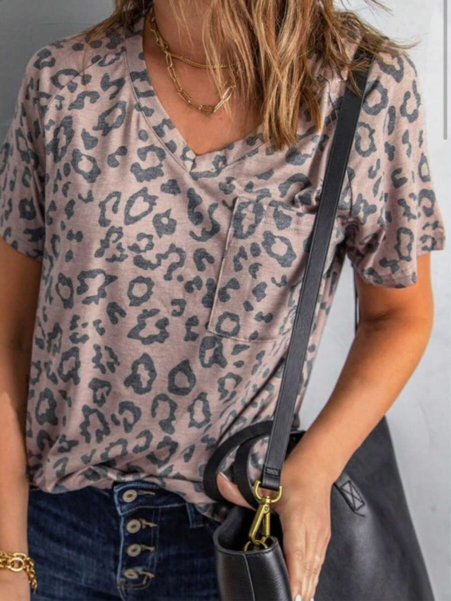 Women's V-Neck Raglan Sleeve Leopard Print T-Shirt, Casual Summer Style