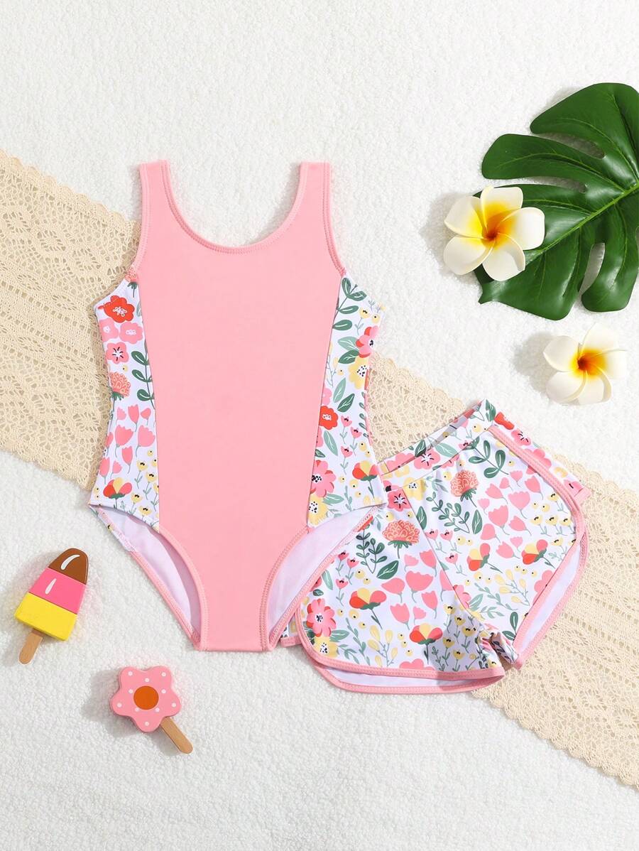 Young Girl Simple Printed One-Piece Swimsuit/Random Print/With Swim Shorts - Coral Pink - View 1