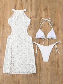 SHEIN Swim Conjunto de bikini para mujer con copas triangulares y cuello halter y cubierta de playa para unas vacaciones de verano - Blanco - Ver 8