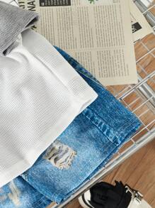 SHEIN Baby Boys' Slogan Printed Sleeveless Hoodie, Denim Shorts And Round Neck T-Shirt Set - Multicolor - View 5