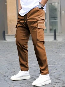 Manfinity Homme Men Plain Simple Daily Pocket Trousers Cargo Pants - Coffee Brown - View 1