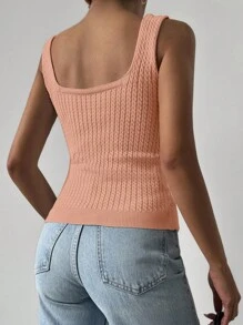 EURMUSE Solid Cable Knit Top - Coral Orange - View 2