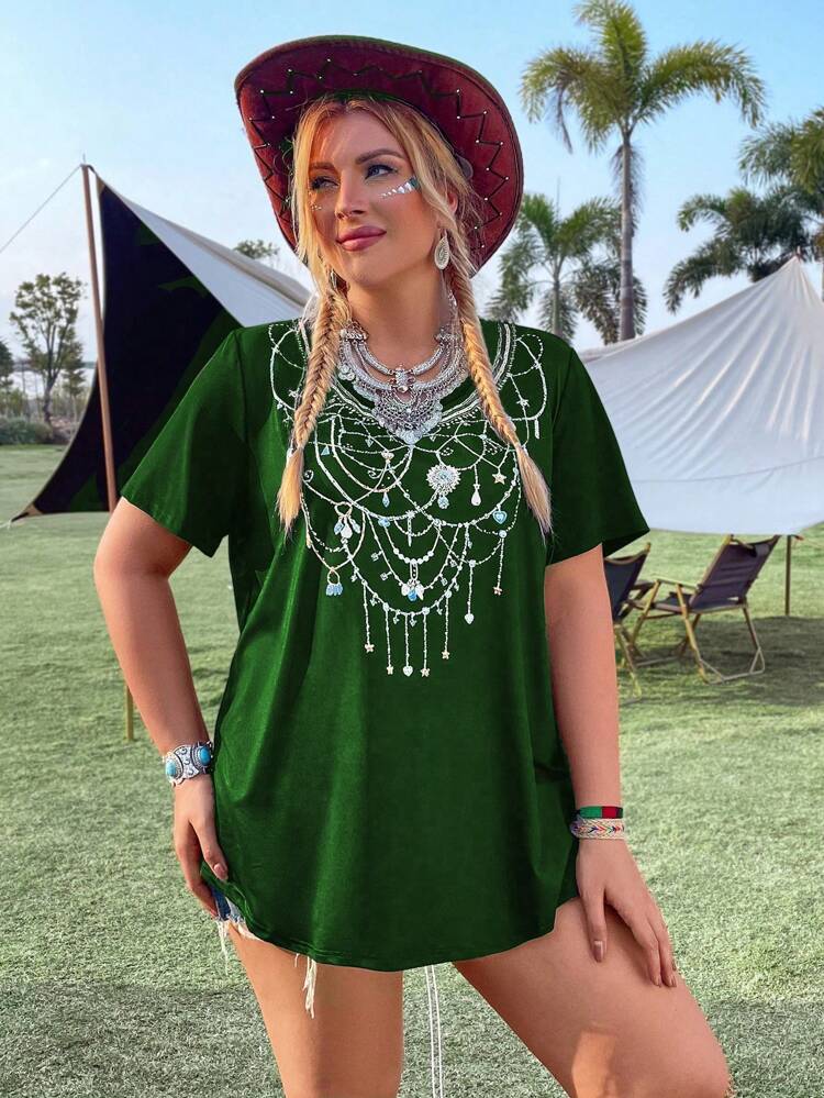 Plus Size Music Festival Graphic Printed Short Sleeve T-Shirt, Summer