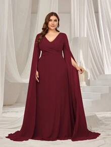 Faeriesty Plus Ruched Front Extra-Long Sleeve Chiffon Party Dress, Wedding Guest Dress - Burgundy - View 5