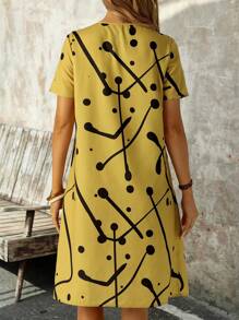 EMERY ROSE Women V-Neck Printed Dress With Pockets, Suitable For Casual Daily Spring And Summer Outfits - Yellow - View 2