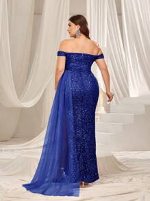 Faeriesty Elegant Curve-Hugging Plus Size Off-Shoulder Formal Evening Gown, High Slit Mermaid Tail Design, Crafted For Sophisticated Women | Perfect For Galas, Weddings, Formal Dinners, Awards Ceremonies And Charity Balls - Royal Blue - View 2