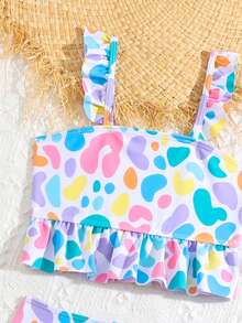 Young Girl Beach Vacation Colorful Leopard Print Tankini Bikini Set - White - View 5