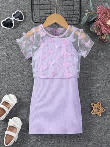 Young Girl 2pcs/Set 3d Floral Mesh Top & Cami Dress - Purple - View 6