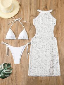 SHEIN Swim Conjunto de bikini para mujer con copas triangulares y cuello halter y cubierta de playa para unas vacaciones de verano - Blanco - Ver 7
