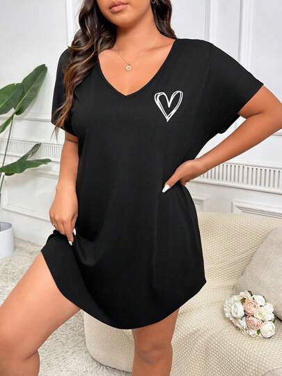 Miss Vinta 大码夏季休闲亲肤心形印花弧形下摆睡衣连衣裙