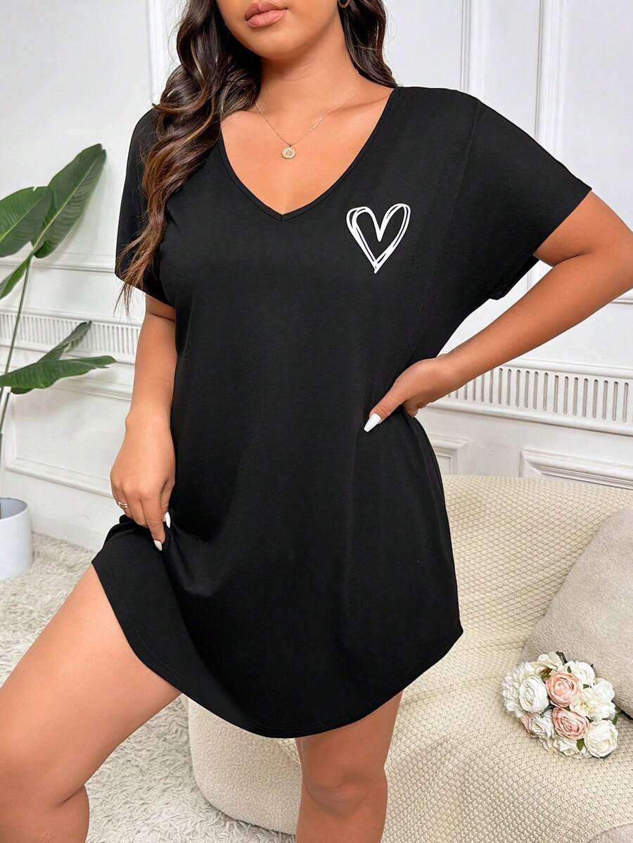 Miss Vinta Plus Size Mùa hè Thường ngày thân thiện với làn da Váy ngủ hình trái tim in hình vòng cung Hem - màu đen - Xem 1
