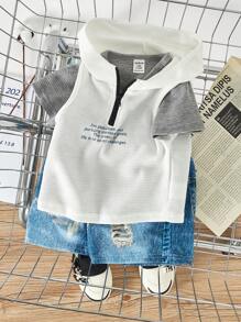 SHEIN Baby Boys' Slogan Printed Sleeveless Hoodie, Denim Shorts And Round Neck T-Shirt Set - Multicolor - View 3