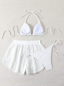 SHEIN Swim Women Textured Halter Bikini Set With Cover Up Shirt And Shorts, Perfect For Summer Beach Vacation - White - View 7