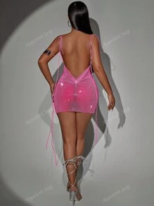 Festivalul de muzică Rave, strasuri strălucitoare din plasă din plasă transparentă, cu cravată pe umeri, mini rochie bodycon pentru ieșire în noapte