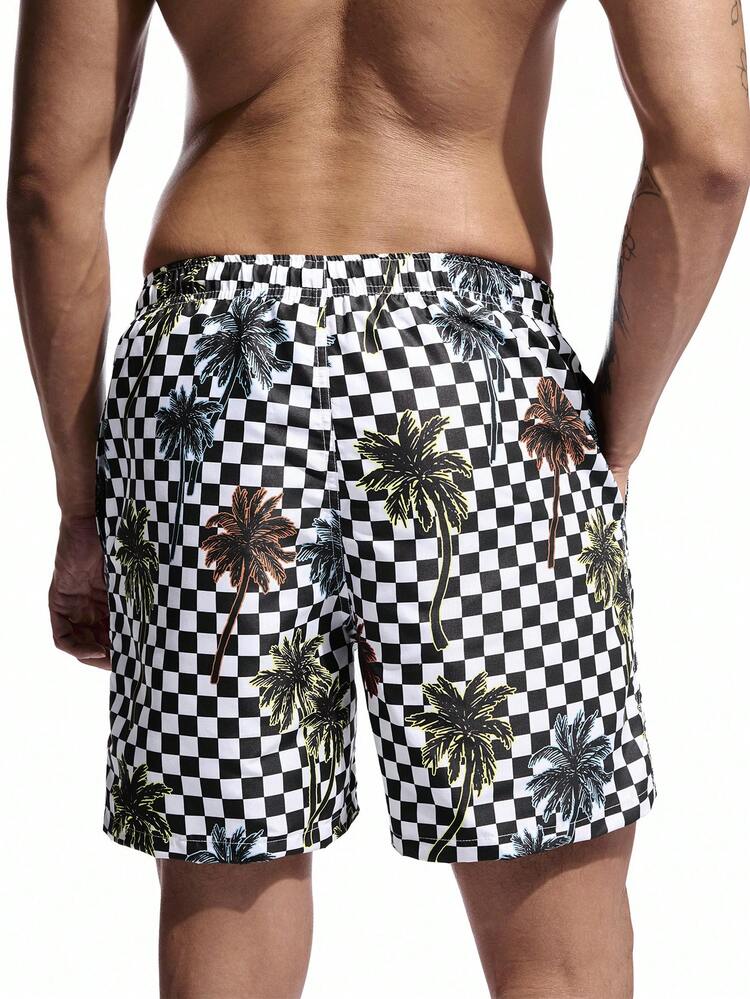 Men Vacation Casual Checkered Coconut Tree Printed Beach Shorts