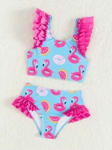 SHEIN Young Girl Cartoon Printed Bikini Set With Ruffled Trim, Ideal For Beach Vacation - Multicolor - View 5