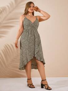 RueChic Plus Ditsy Wrap Knot Side Cami Dress - Apricot - View 1