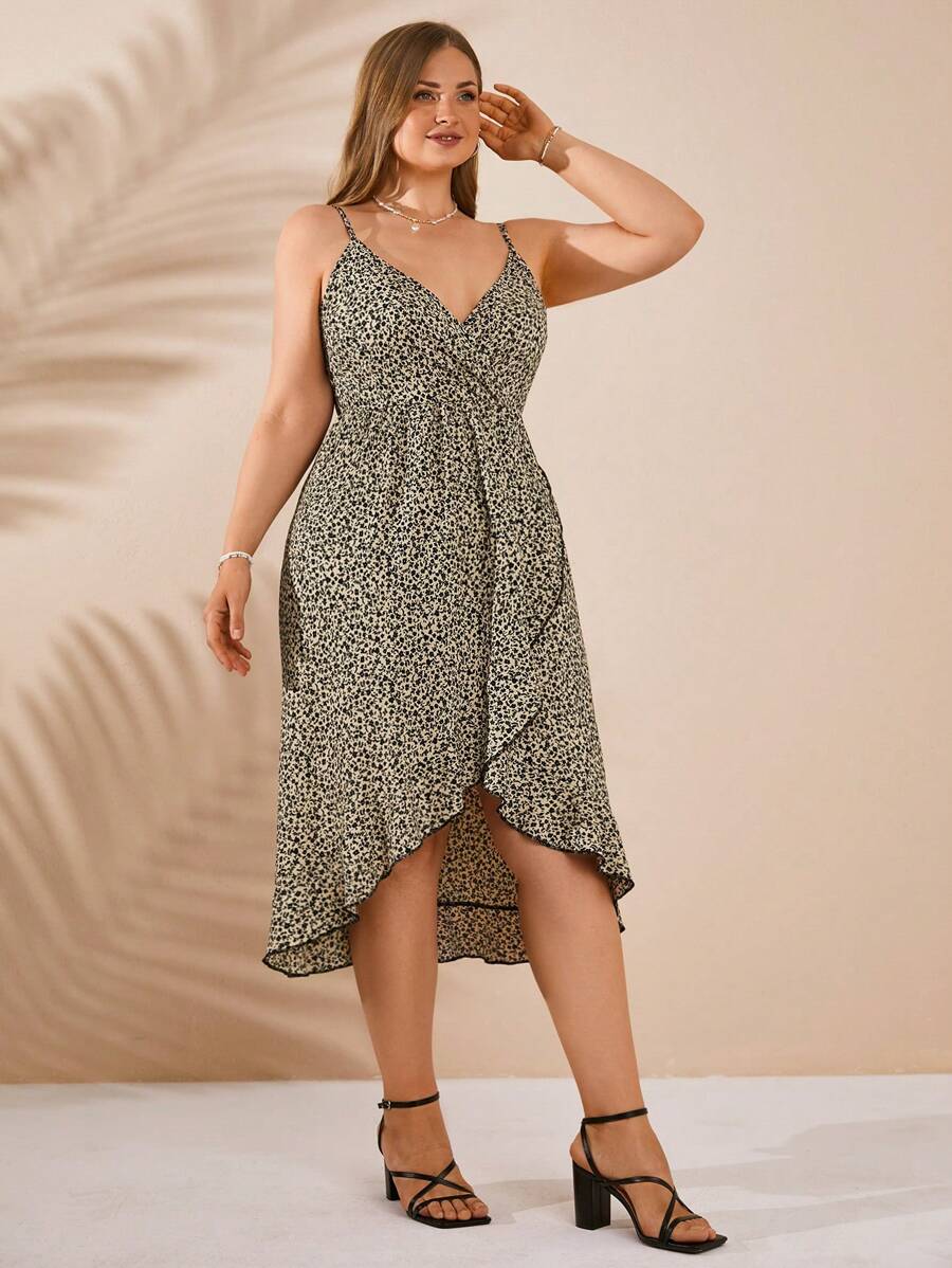 RueChic Plus Ditsy Wrap Knot Side Cami Dress - Apricot - View 1