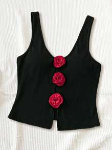 Soleia WYWH 女士度假风格红色 3D 玫瑰装饰镂空露脐波西米亚风夏季音乐节服装 - 黑色吊带背心