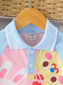 Gaun Bayi Perempuan Kontras Mesh Berlipat Tombol Depan Hewan Kartun Blok Warna Grafis Striped - MultiWarna - View 5
