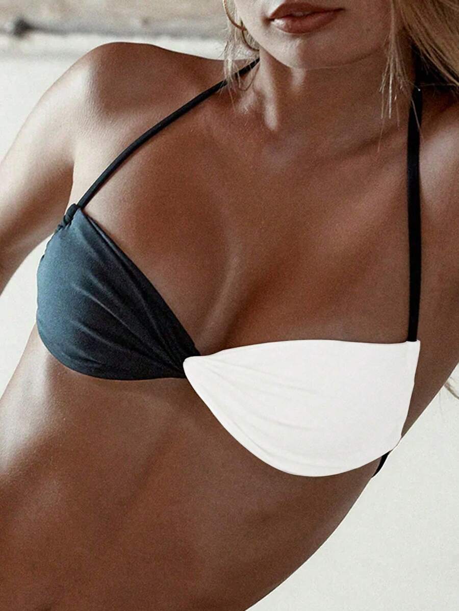 SHEIN Swim 女士彩色拼接頸掛比基尼上衣 - 黑與白 - 查看 1