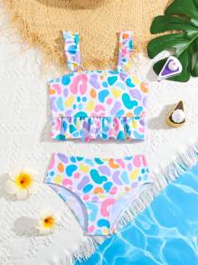 Young Girl Beach Vacation Colorful Leopard Print Tankini Bikini Set - White - View 1