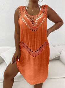 cache-maillot de plage décontractée grande taille sans manches en couleur unie avec coutures creuses - Orange - Voir 3