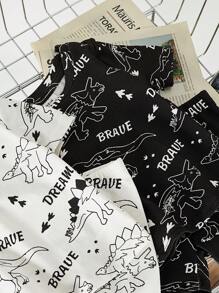 SHEIN Đứa bé trai Vừa Khít Hoạt hình Nhỏ bé Đồ họa khủng long Vòng cổ Ngắn tay Áo Và Quần short 4pcs Giải trí - Đen và trắng - Xem 4