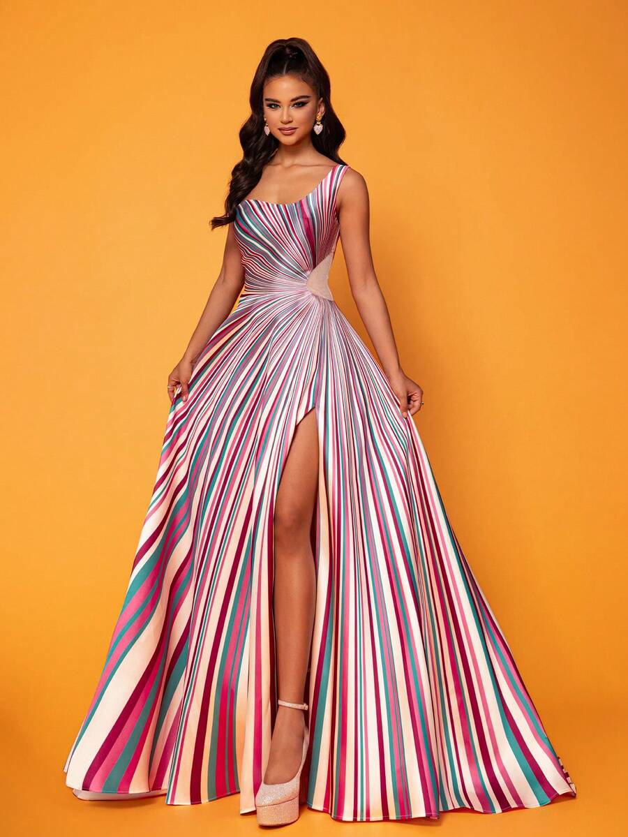 Smilprince Maxi-Length Premium Elegant Stripe Print Sleeveless Split-To-Thigh Formal Evening Dress