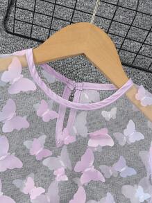 Young Girl 2pcs/Set 3d Floral Mesh Top & Cami Dress - Purple - View 8