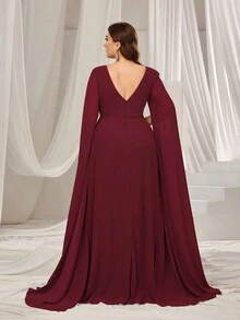 Faeriesty Plus Ruched Front Extra-Long Sleeve Chiffon Party Dress, Wedding Guest Dress - Burgundy - View 2