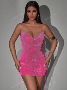Festivalul de muzică Rave, strasuri strălucitoare din plasă din plasă transparentă, cu cravată pe umeri, mini rochie bodycon pentru ieșire în noapte